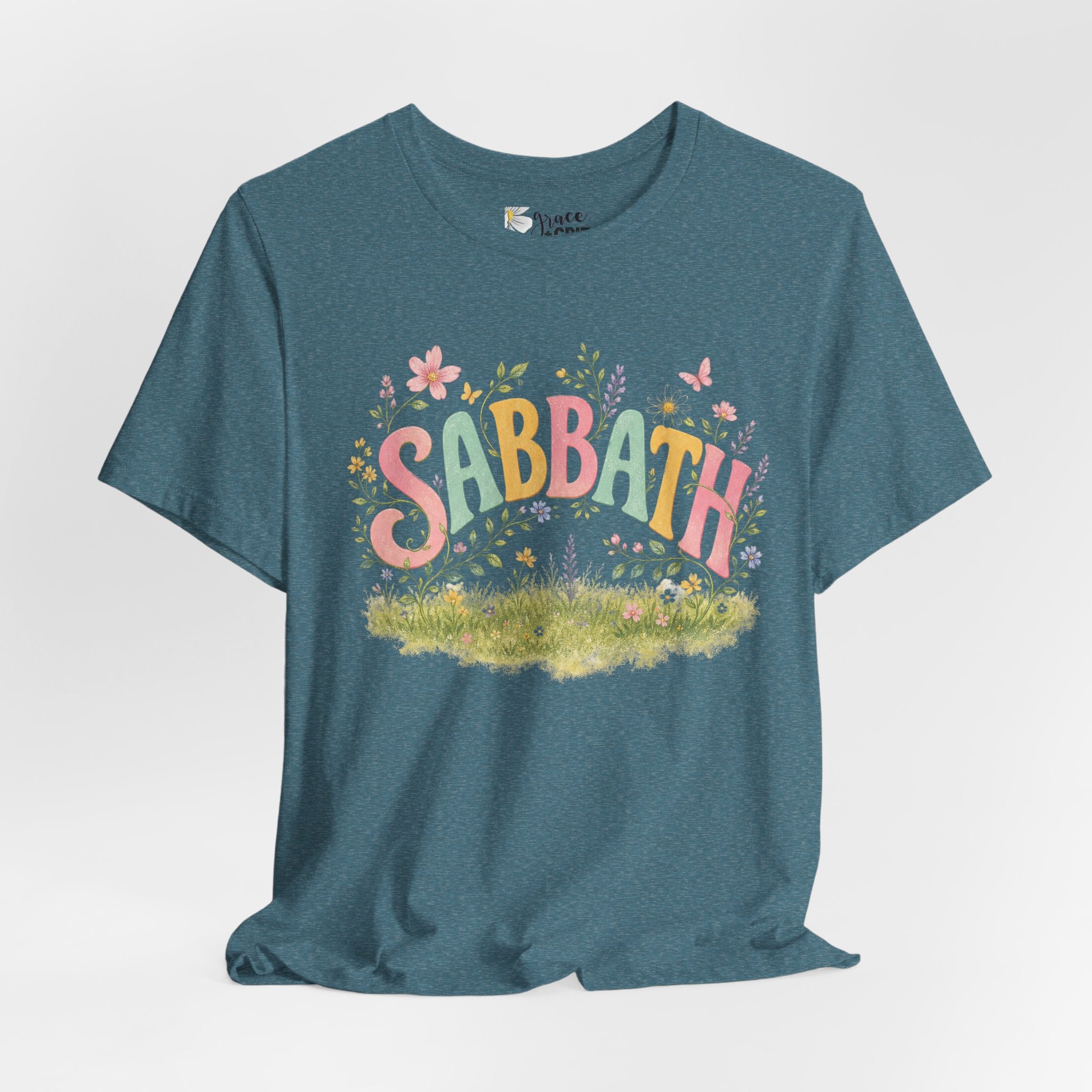 Sabbath Floral Script Tee | Pastel Flowers, Meadow Illustration