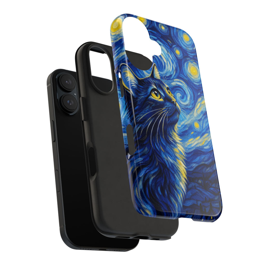 Starry Night Cat Tough Phone Case — Van Gogh Style Galaxy Kitten Protective Cover