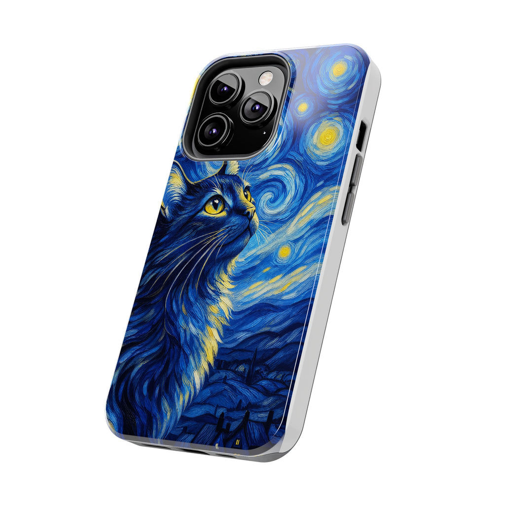Starry Night Cat Tough Phone Case — Van Gogh Style Galaxy Kitten Protective Cover
