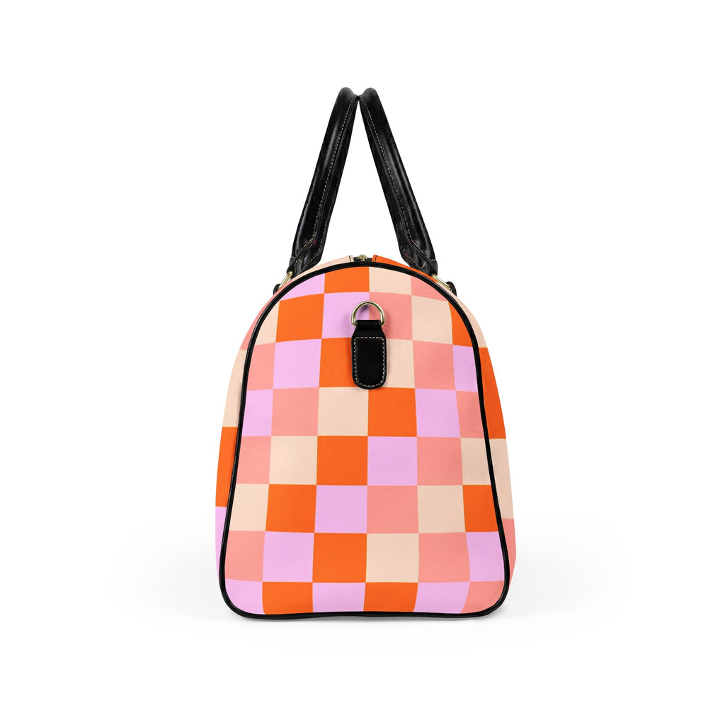 Pink Orange Checkerboard Faux Leather Travel Bag