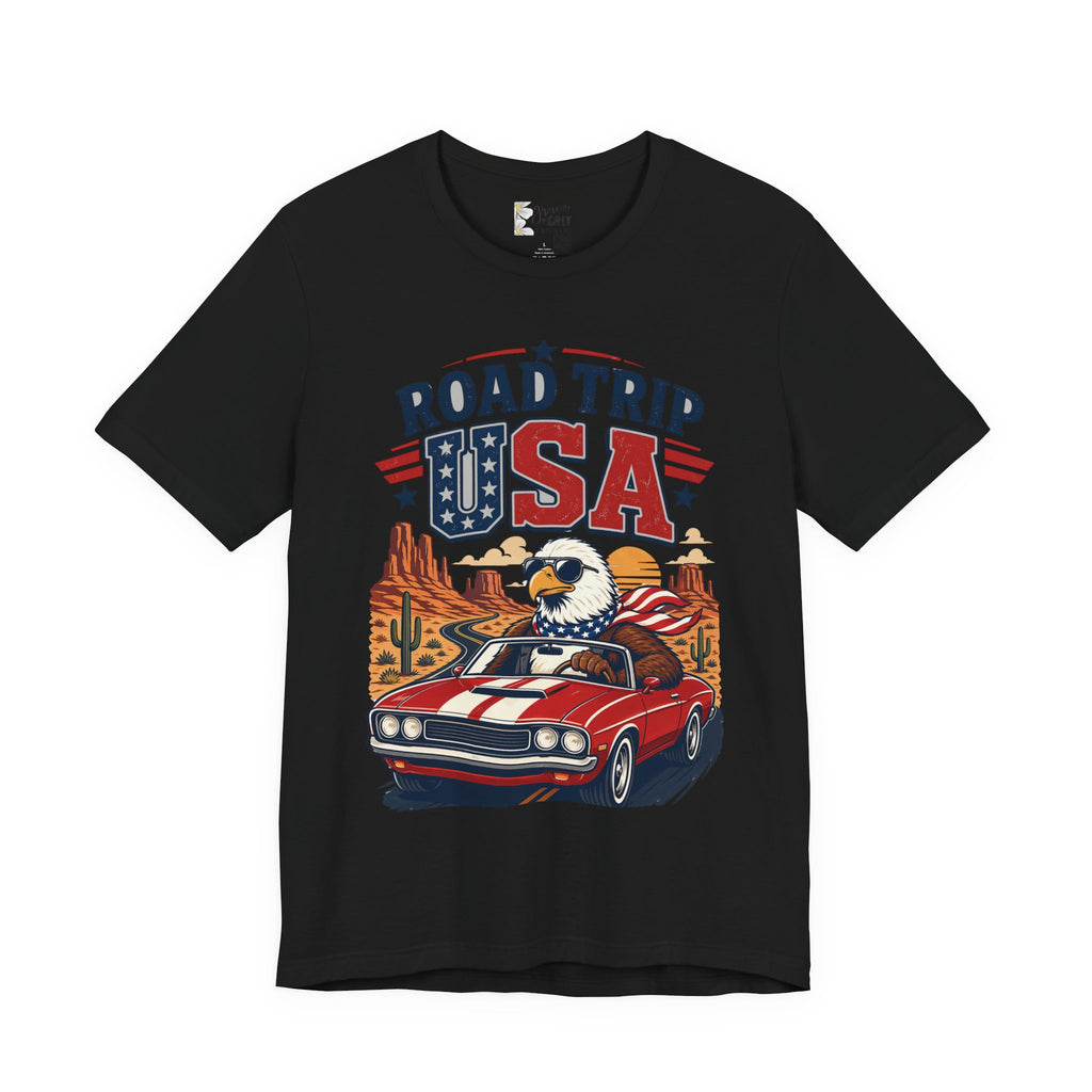 Road Trip USA Tee — Vintage Eagle & Muscle Car Patriotic T‑Shirt