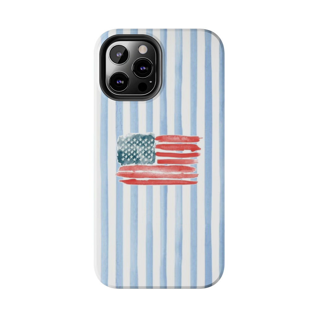 American Flag Watercolor Tough Phone Case — Blue Striped Patriotic Phone Case