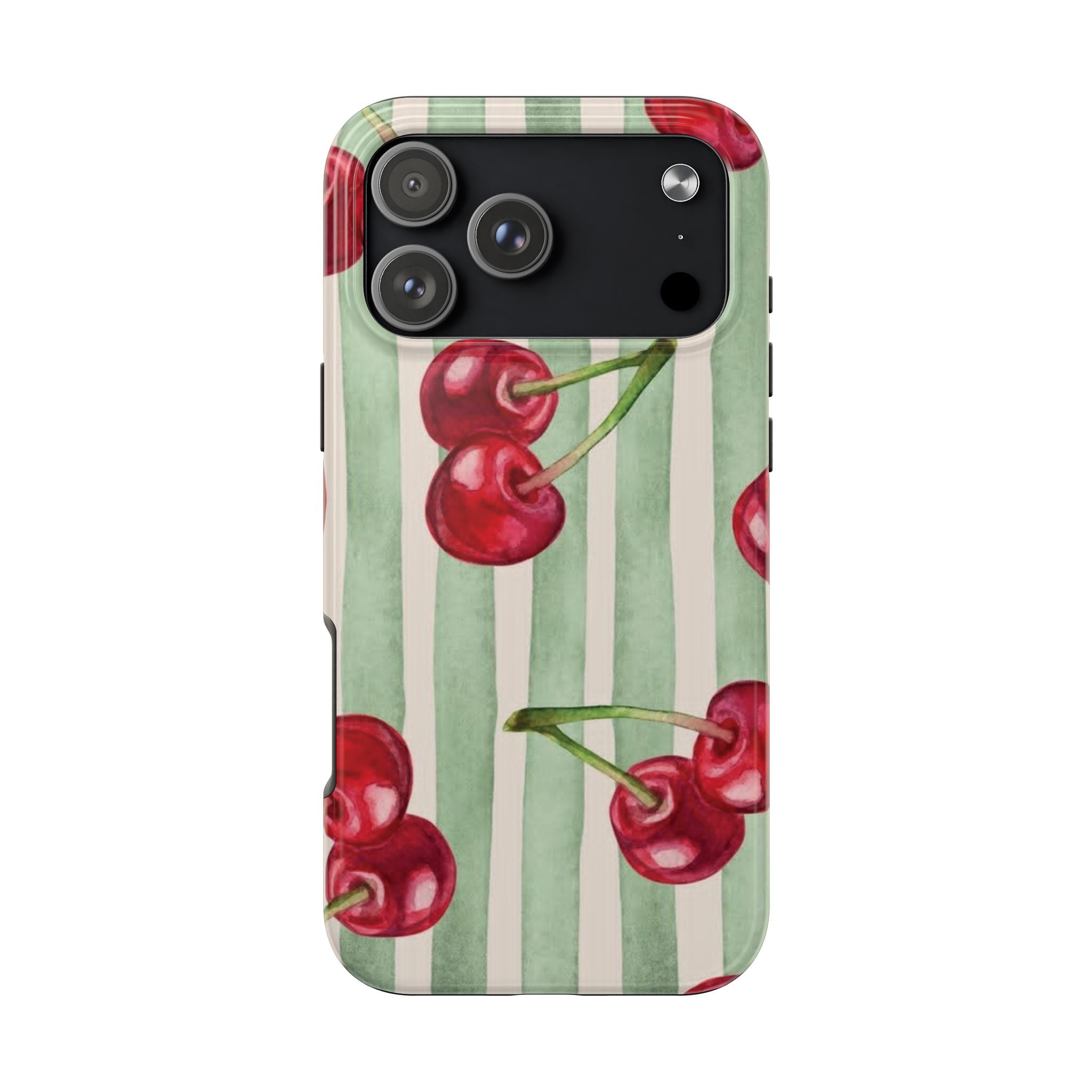 Cherry Stripe Tough Phone Case — Retro Watercolor Cherry Pattern Durable Phone Case