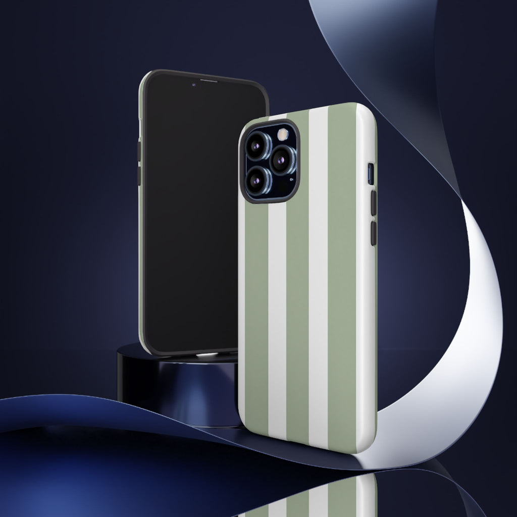 Striped Sage Tough Phone Case — Durable Green & White Vertical Stripe Phone Cover