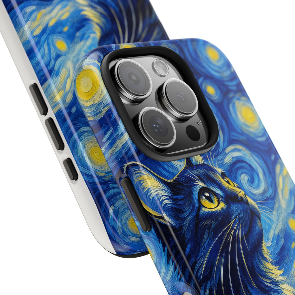 Starry Night Cat Tough Phone Case — Van Gogh Style Galaxy Kitten Protective Cover