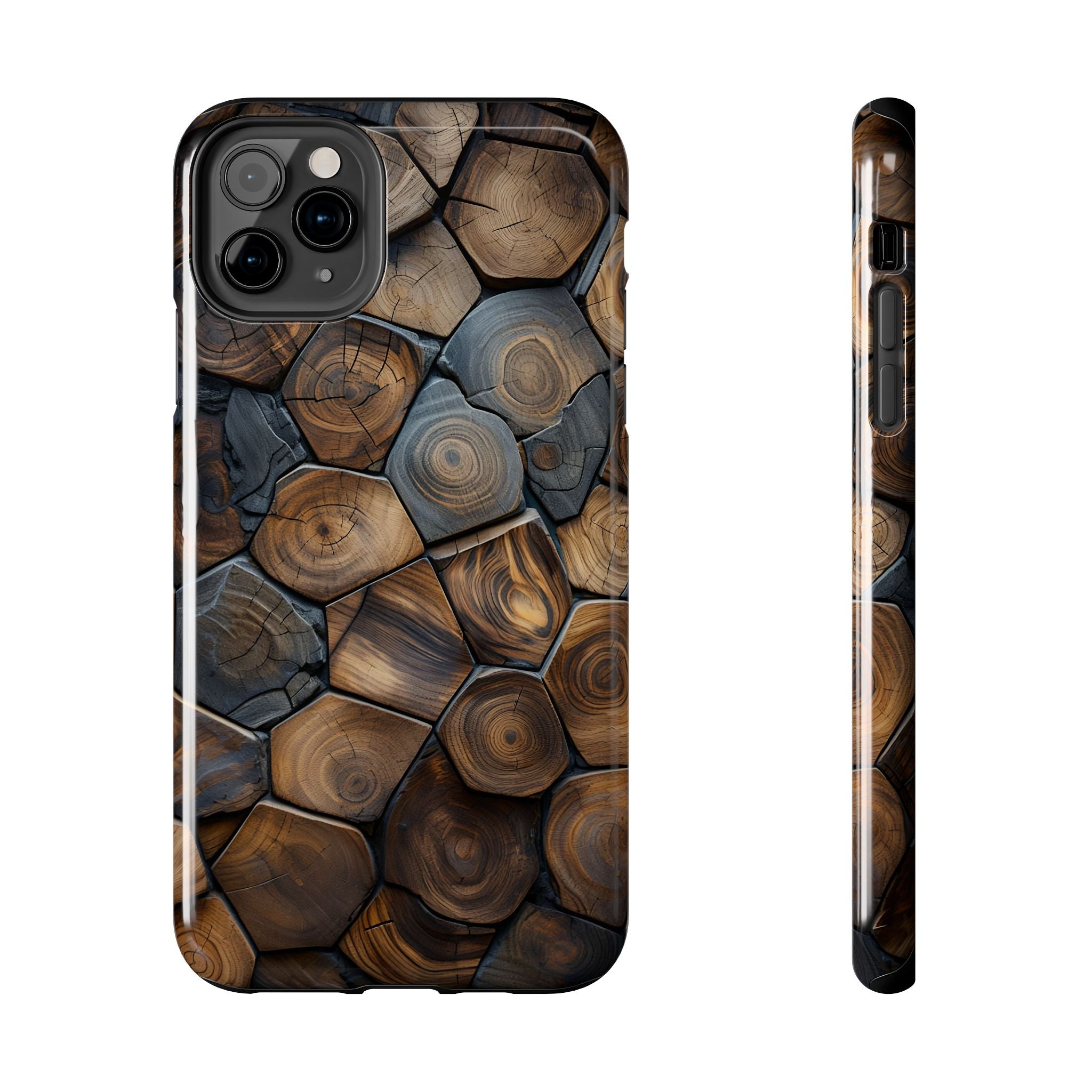 Woodgrain Hex Pattern Tough Phone Case — Rustic Log Cross-Section Design