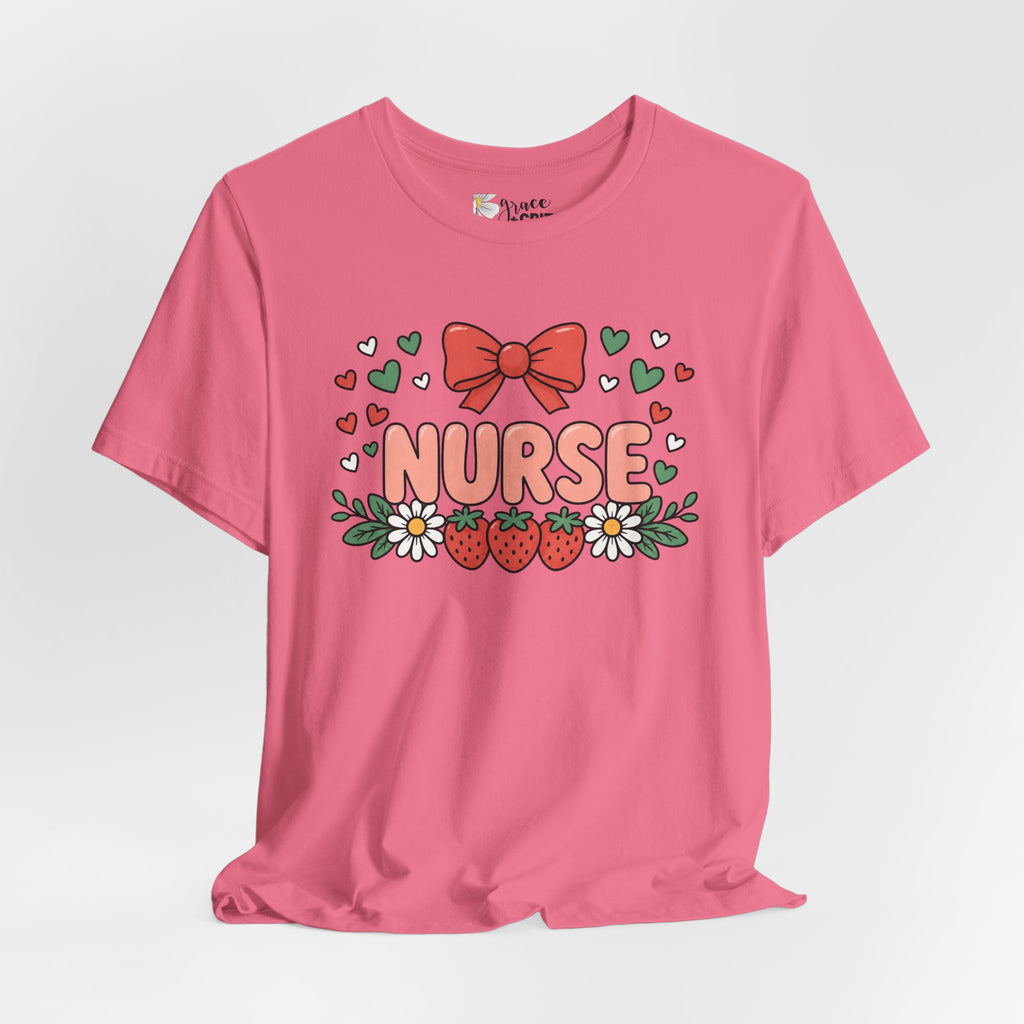 Nurse Floral Tee — Cute Strawberry & Bow Nurse T-Shirt