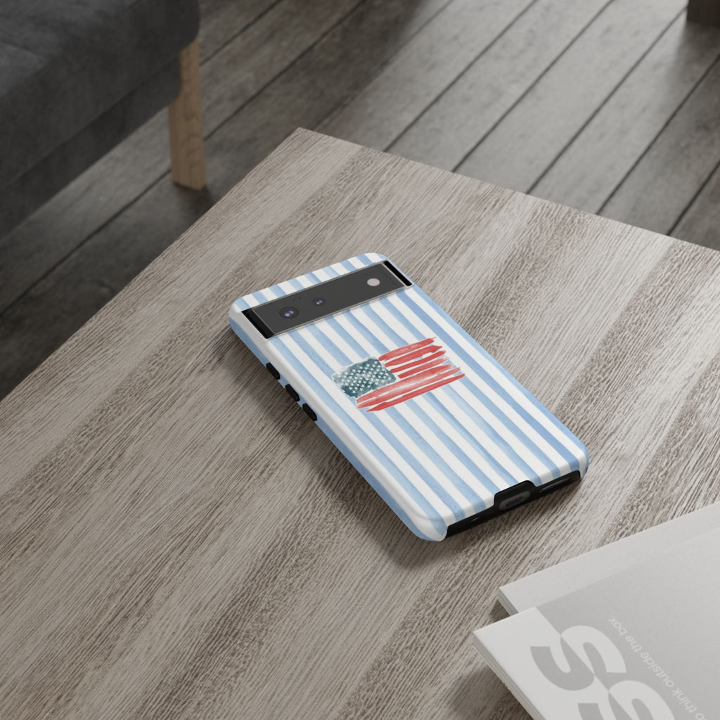 American Flag Watercolor Phone Case - Blue Stripe Tough Case
