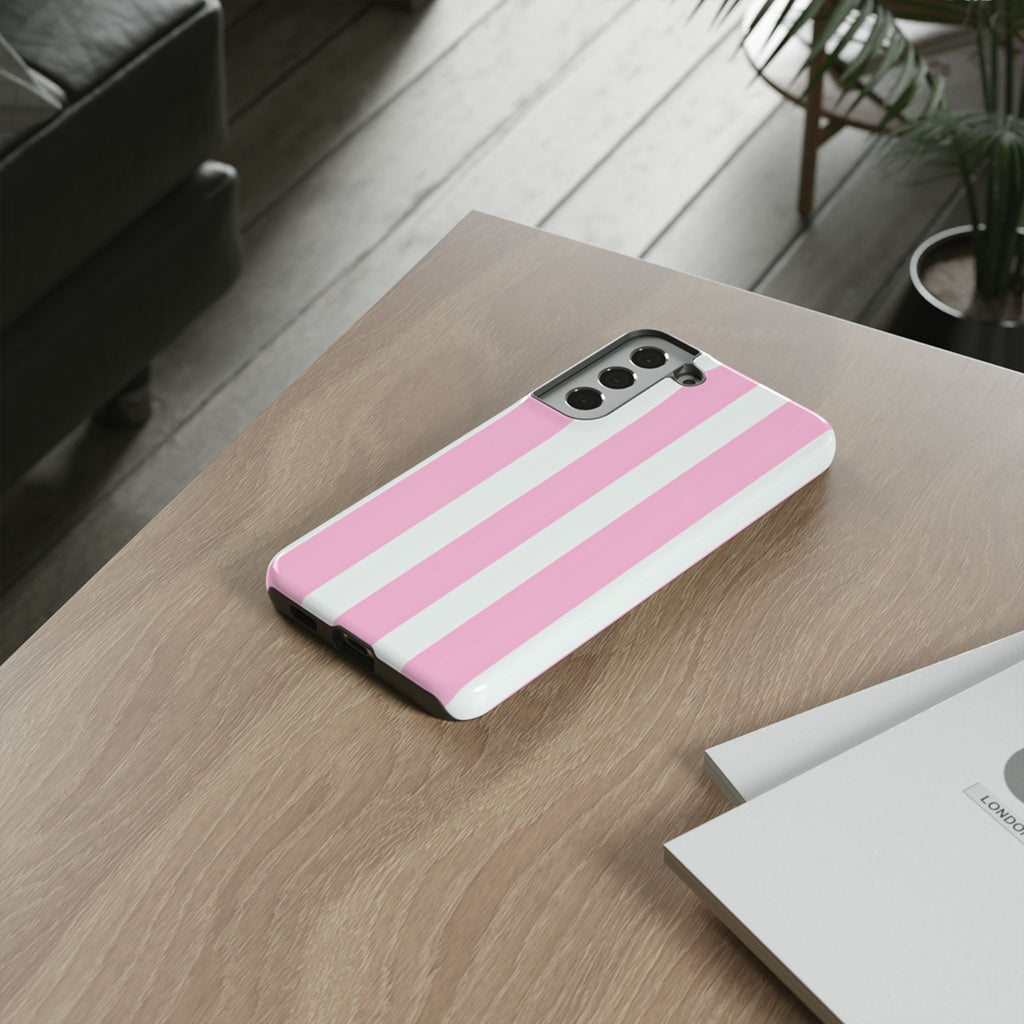 Pink & White Striped Tough Phone Case — Durable Protective Phone Cover