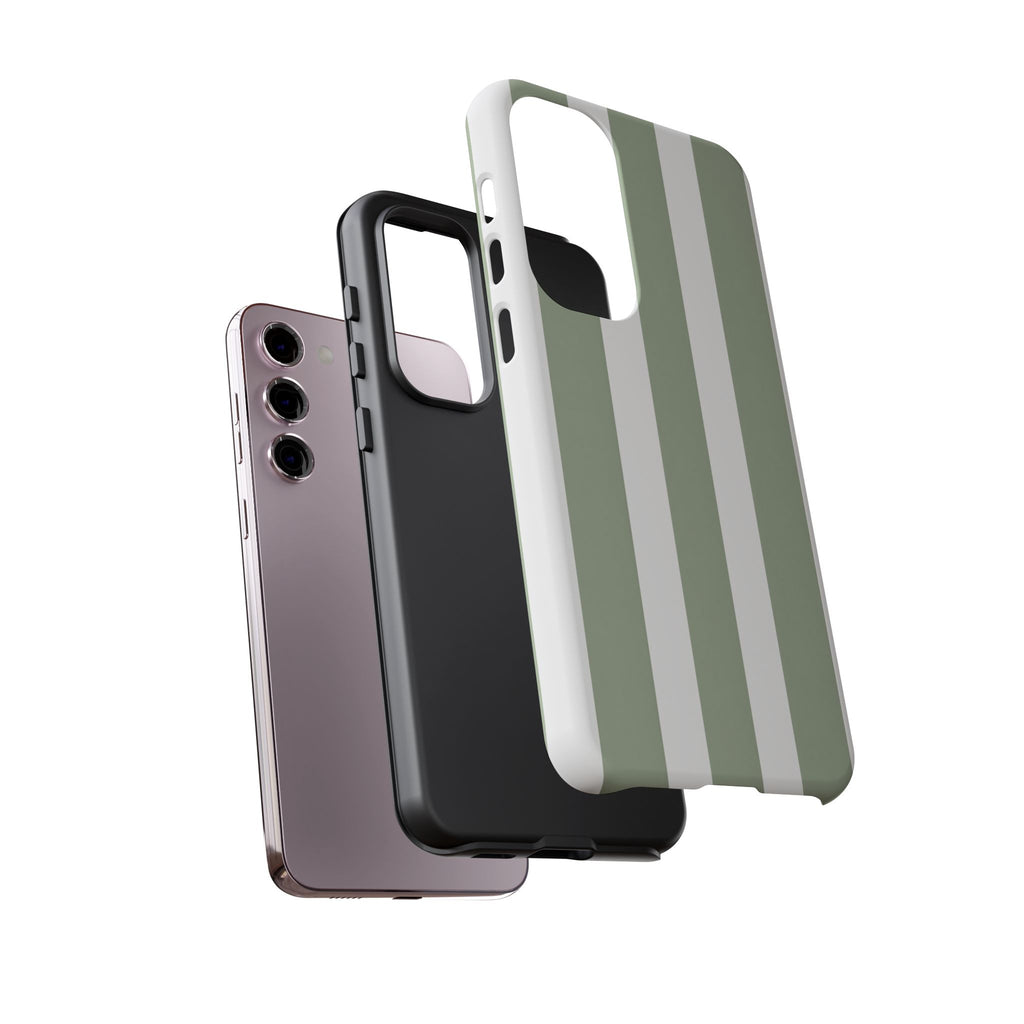 Striped Sage Tough Phone Case — Durable Green & White Vertical Stripe Phone Cover