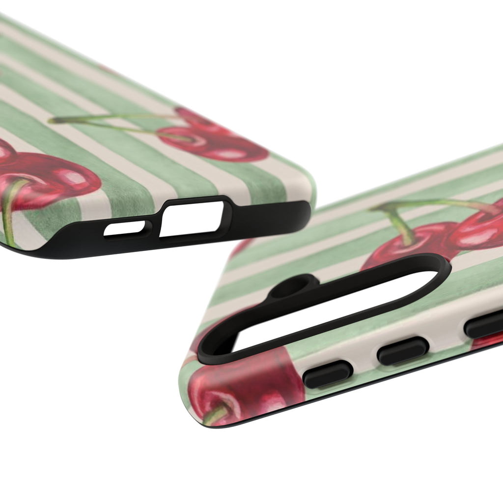 Cherry Stripe Phone Case – Retro Watercolor Cherries on Mint Stripes