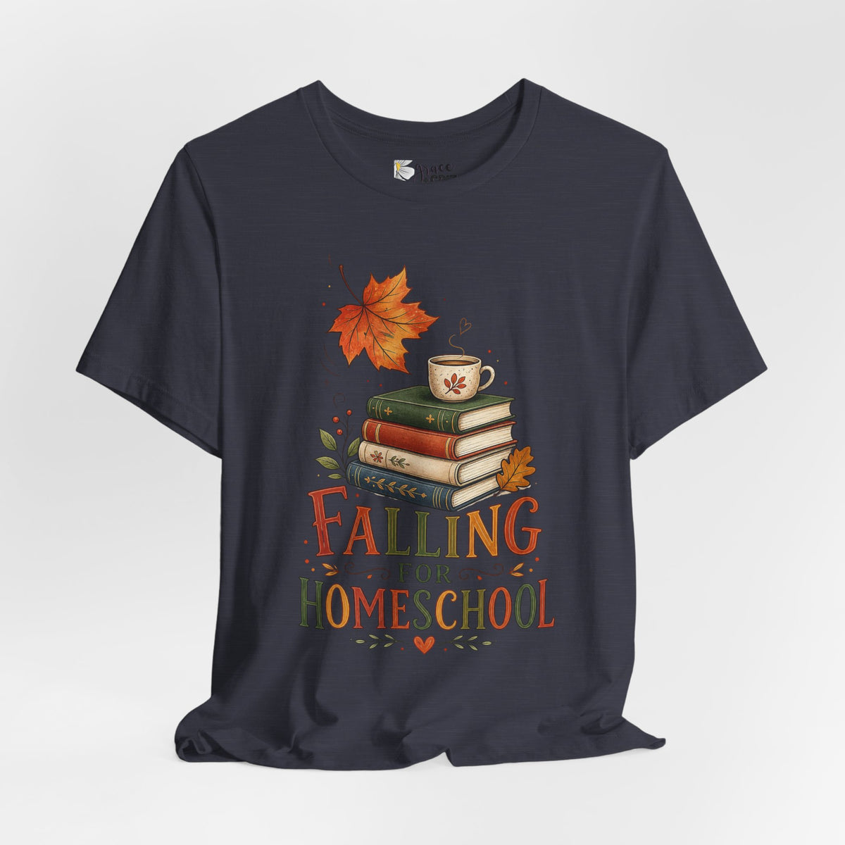 Fall Homeschool T‑Shirt – “Falling into Homeschool” Autumn Books & Coffee Tee