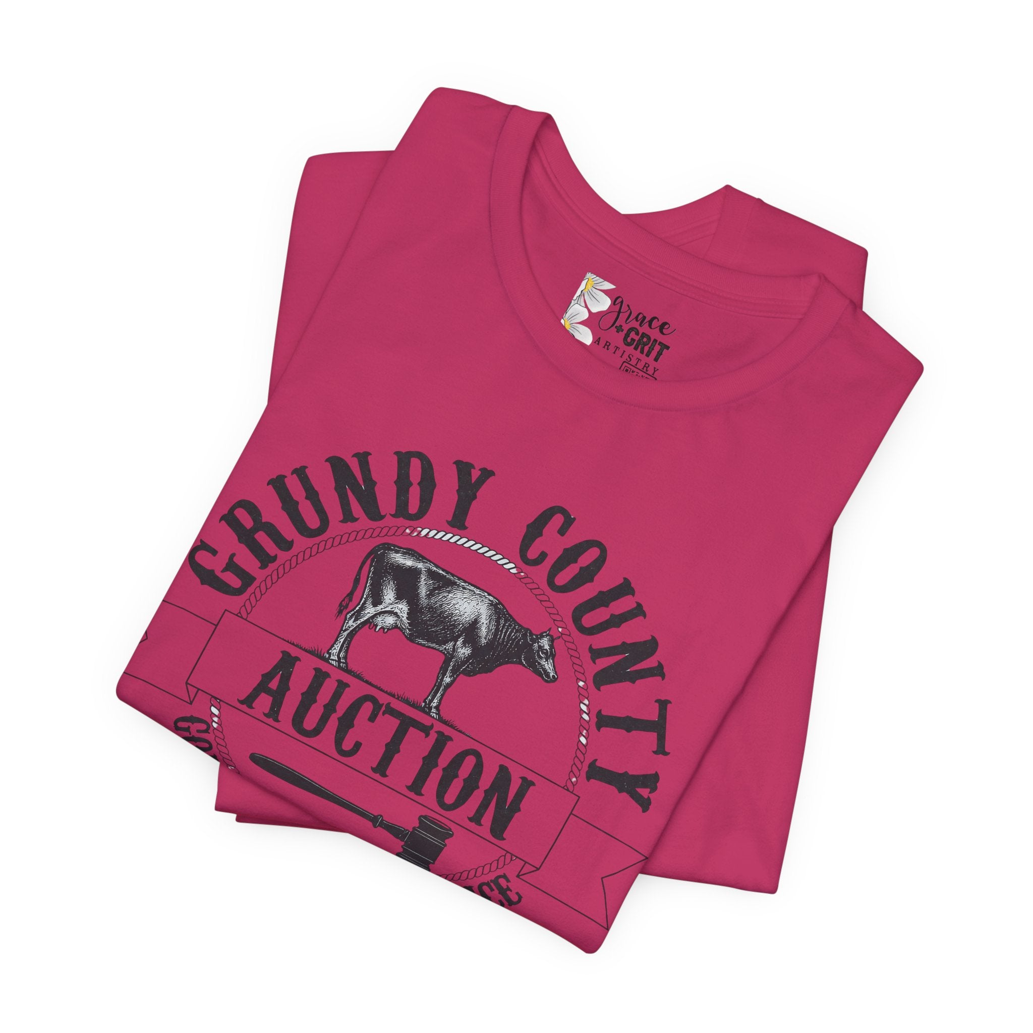 Grundy County Auction Tee — 'Going Once, Going Twice' Farm Livestock Graphic T‑Shirt