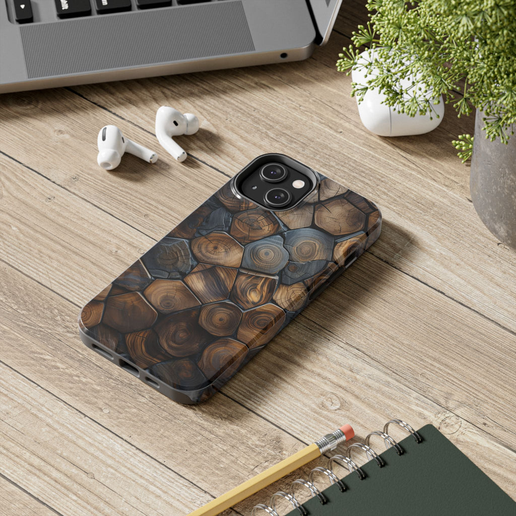 Woodgrain Hex Pattern Tough Phone Case — Rustic Log Cross-Section Design