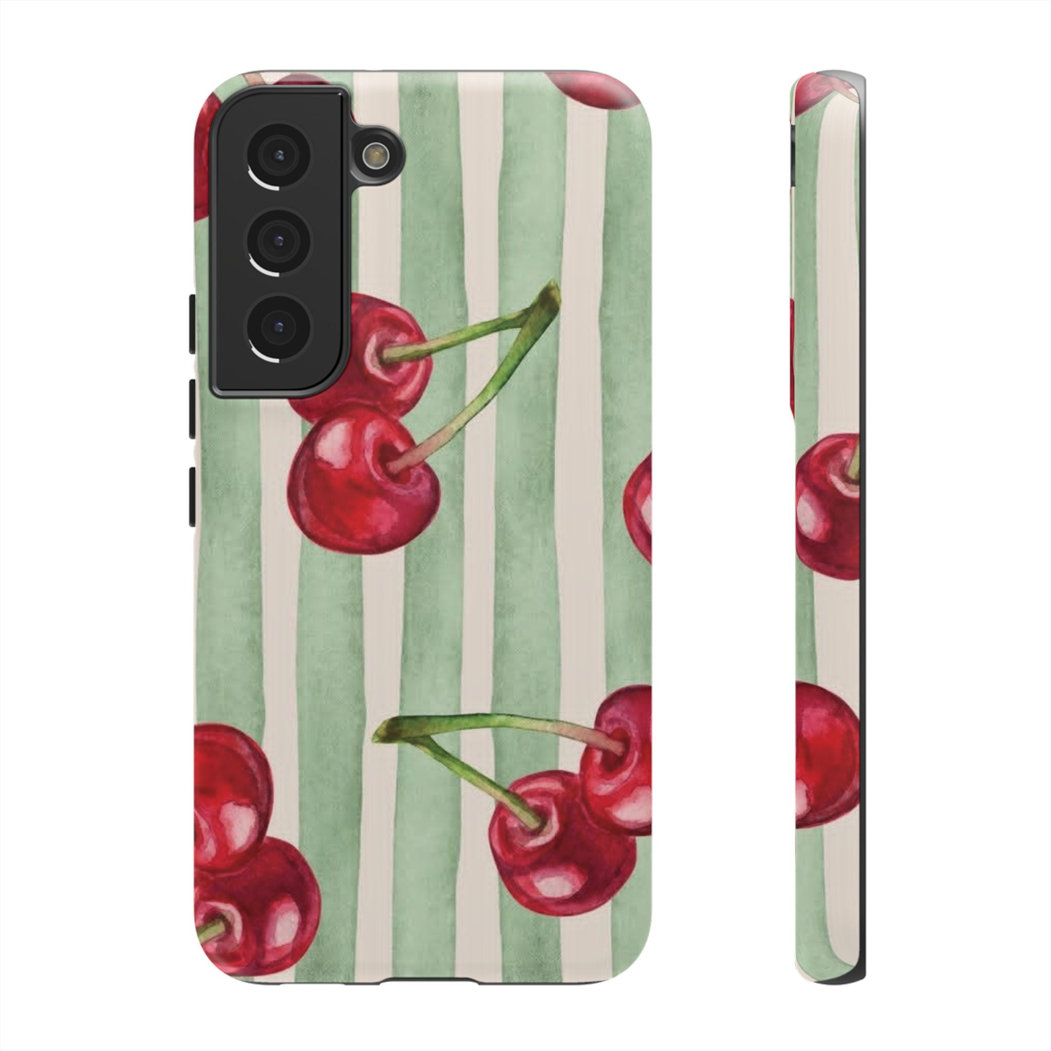 Cherry Stripe Phone Case – Retro Watercolor Cherries on Mint Stripes