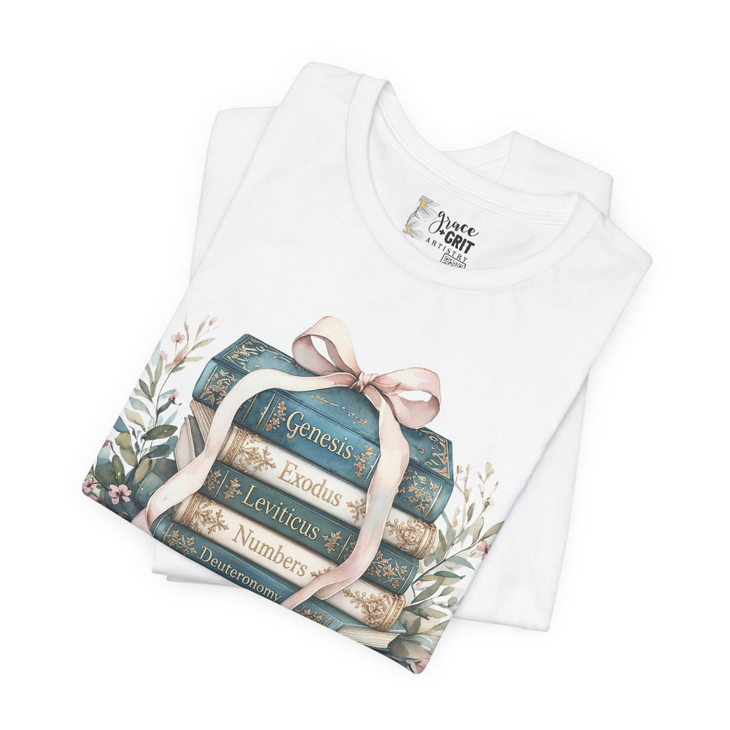 Biblical Books Stack T‑Shirt — Genesis Exodus Leviticus Numbers Design
