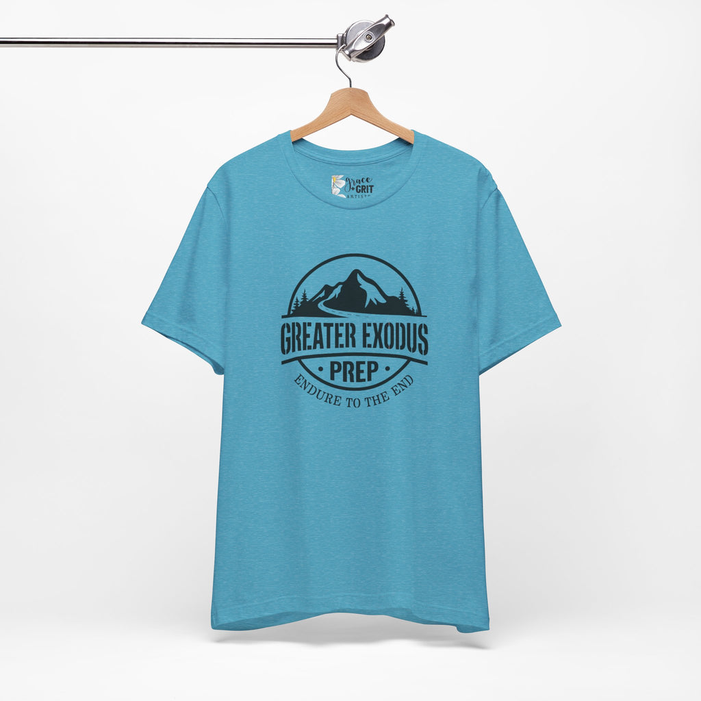 Greater Exodus Prep T-Shirt — Mountain Logo “Endure to the End” Adventure Tee