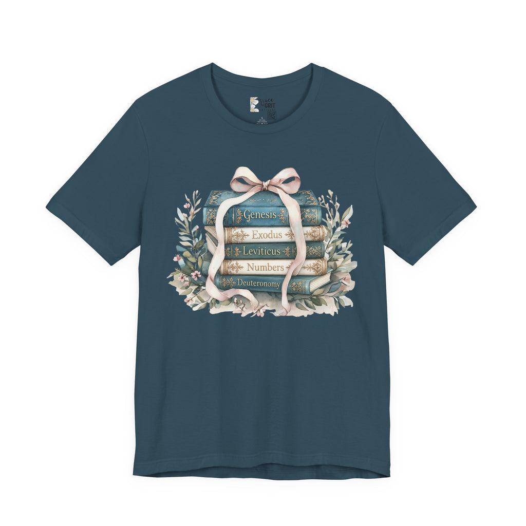 Biblical Books Stack T‑Shirt — Genesis Exodus Leviticus Numbers Design