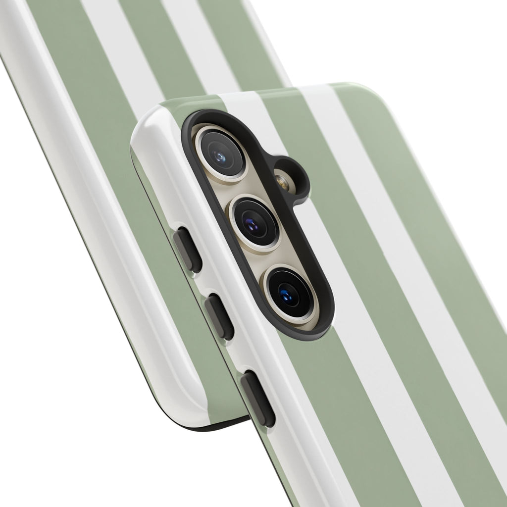 Striped Sage Tough Phone Case — Durable Green & White Vertical Stripe Phone Cover