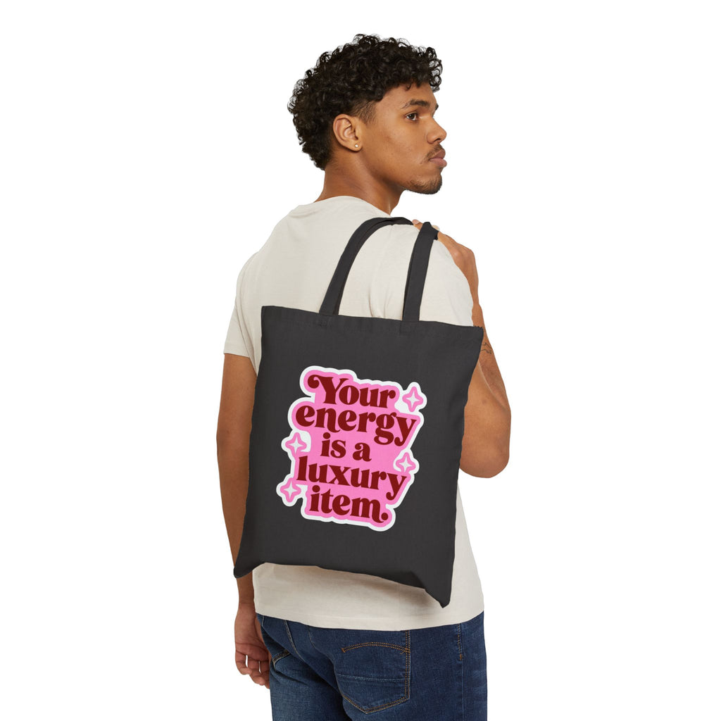 Tote Bag — "Your Energy Is a Luxury Item" Pink Retro Graphic Cotton Canvas Tote
