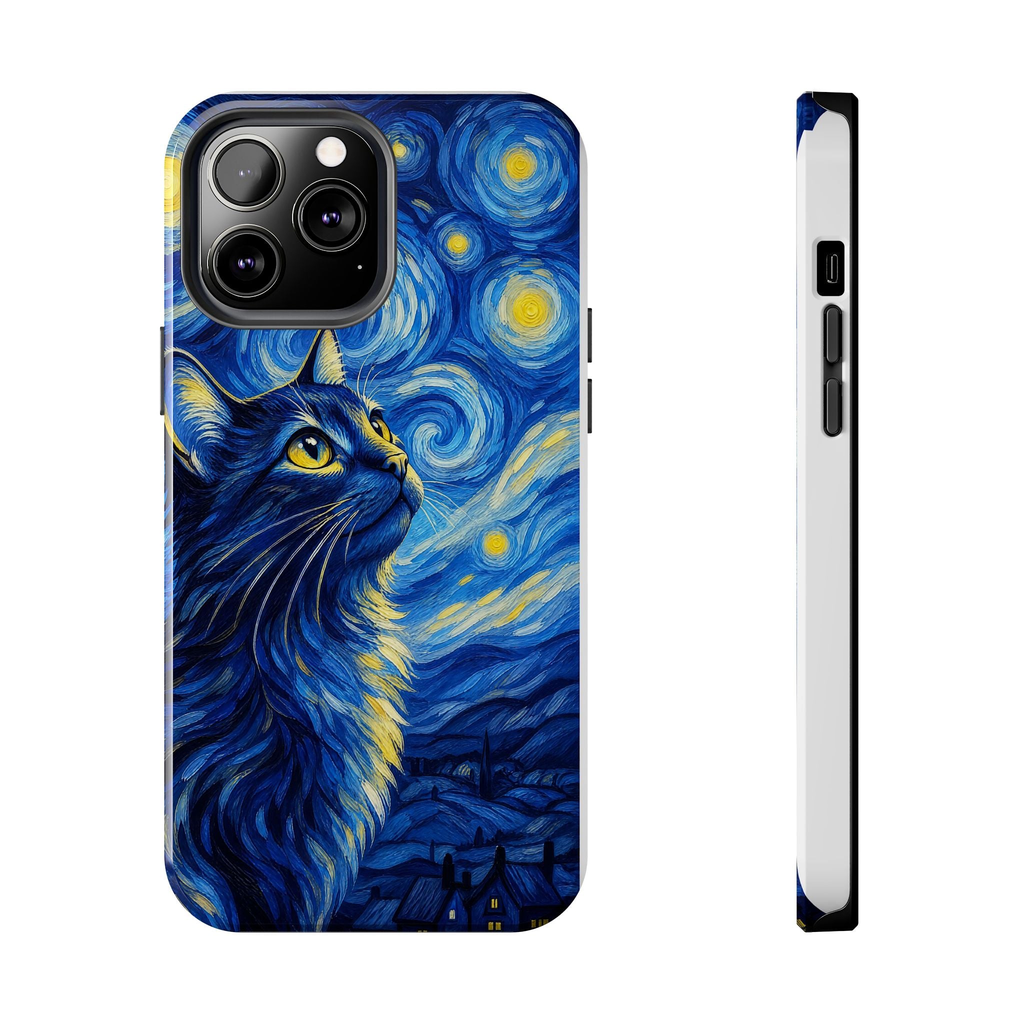 Starry Night Cat Tough Phone Case — Van Gogh Style Galaxy Kitten Protective Cover