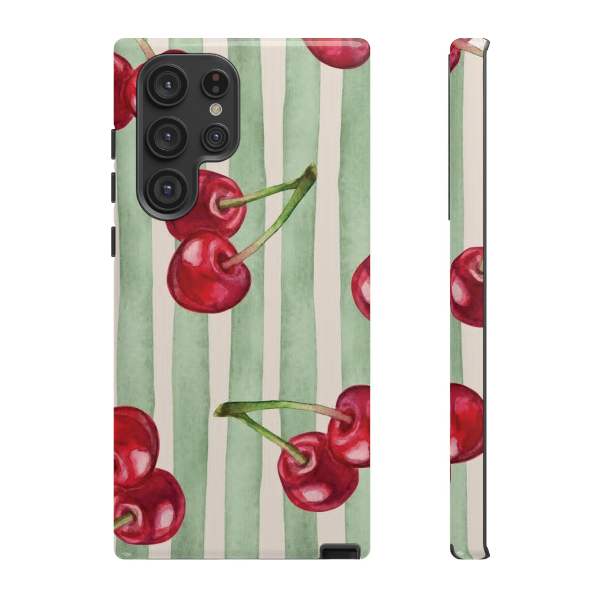 Cherry Stripe Phone Case – Retro Watercolor Cherries on Mint Stripes