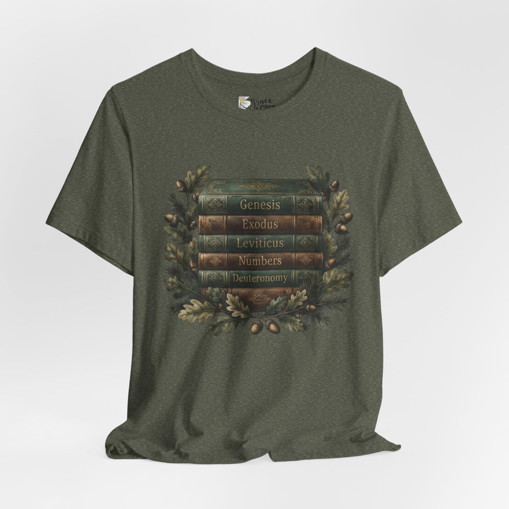 Bible Verse Stack T-Shirt — Genesis Exodus Leviticus Numbers Deuteronomy Floral Graphic