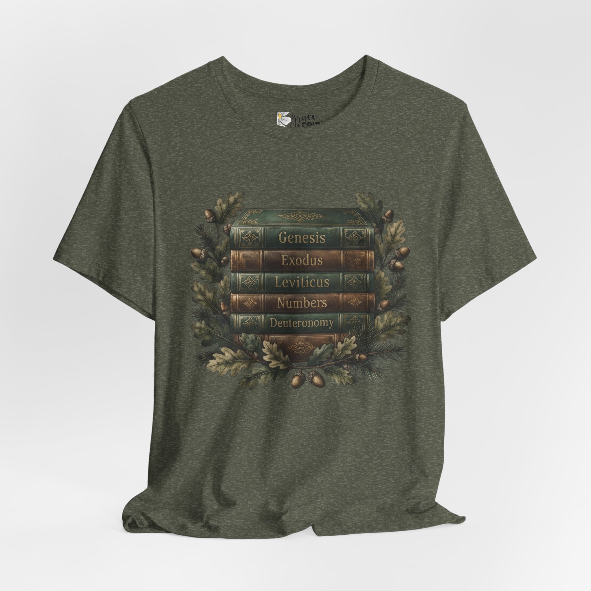 Bible Verse Stack T-Shirt — Genesis Exodus Leviticus Numbers Deuteronomy Floral Graphic