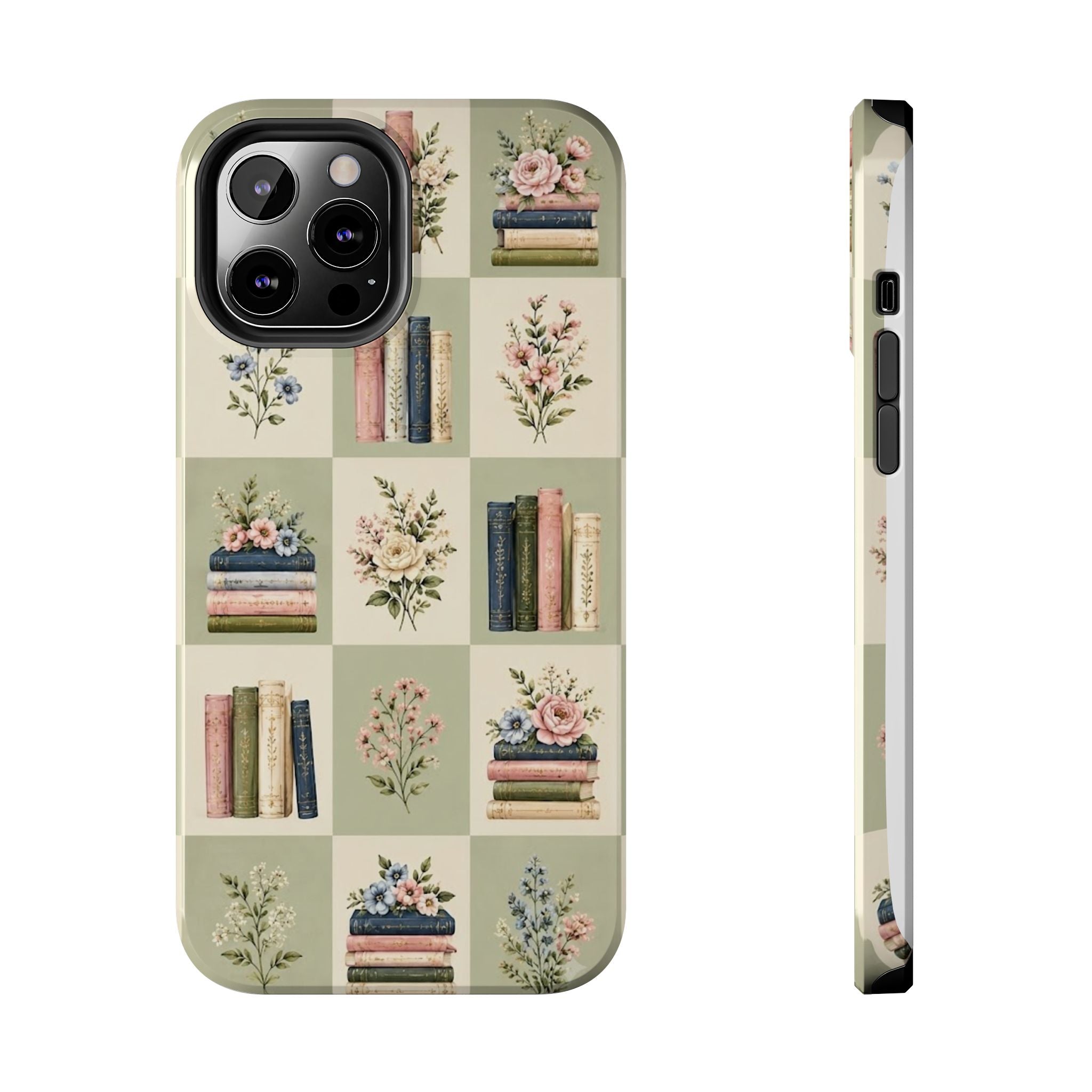 Floral Bookshelf Tough Phone Case — Vintage Floral & Stacked Books Pattern