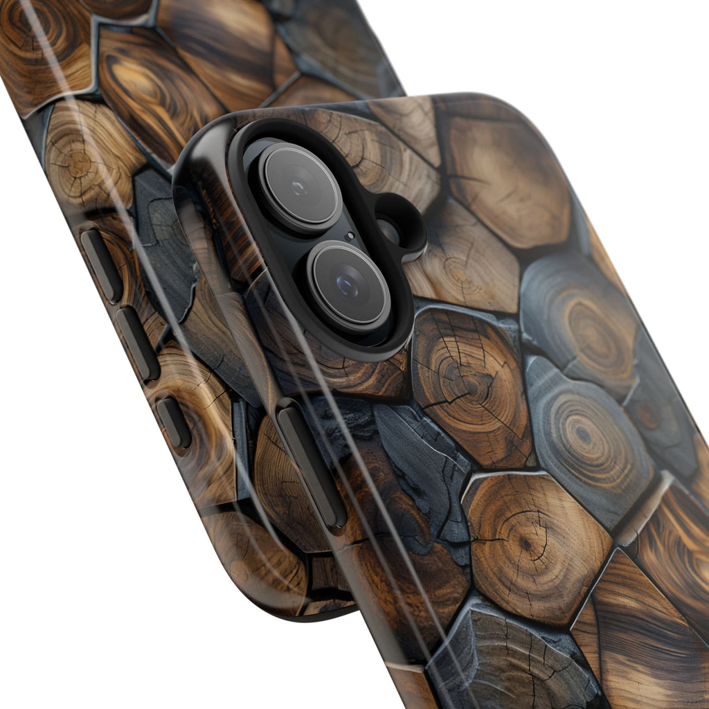 Woodgrain Hex Pattern Tough Phone Case — Rustic Log Cross-Section Design