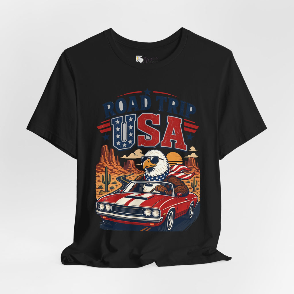 Road Trip USA Tee — Vintage Eagle & Muscle Car Patriotic T‑Shirt