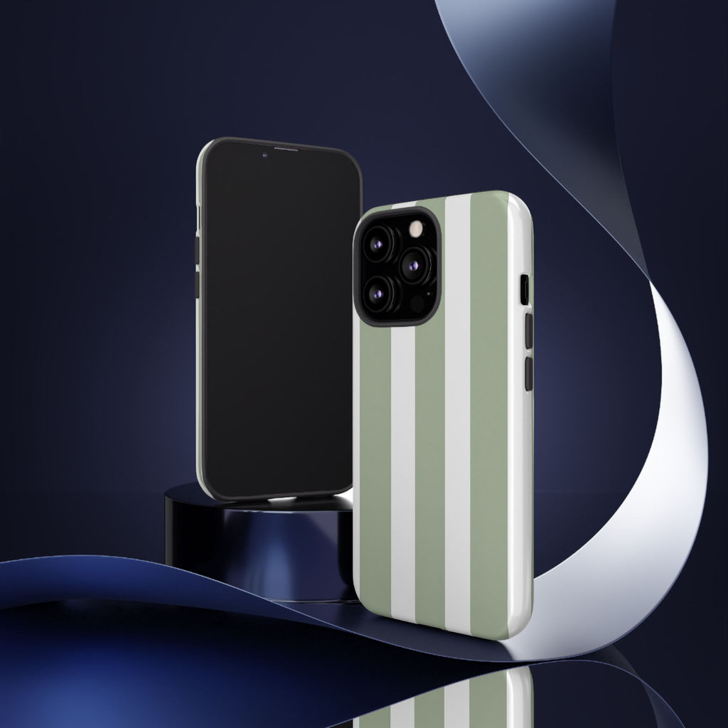Striped Sage Tough Phone Case — Durable Green & White Vertical Stripe Phone Cover