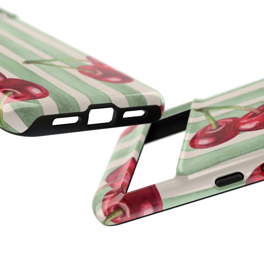 Cherry Stripe Phone Case – Retro Watercolor Cherries on Mint Stripes