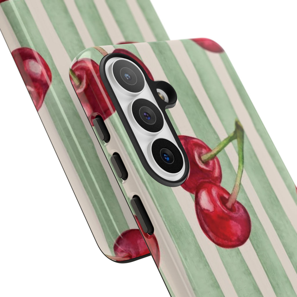 Cherry Stripe Phone Case – Retro Watercolor Cherries on Mint Stripes