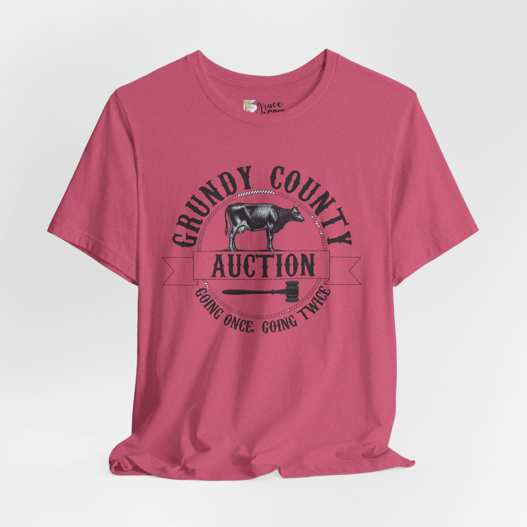 Grundy County Auction Tee — 'Going Once, Going Twice' Farm Livestock Graphic T‑Shirt