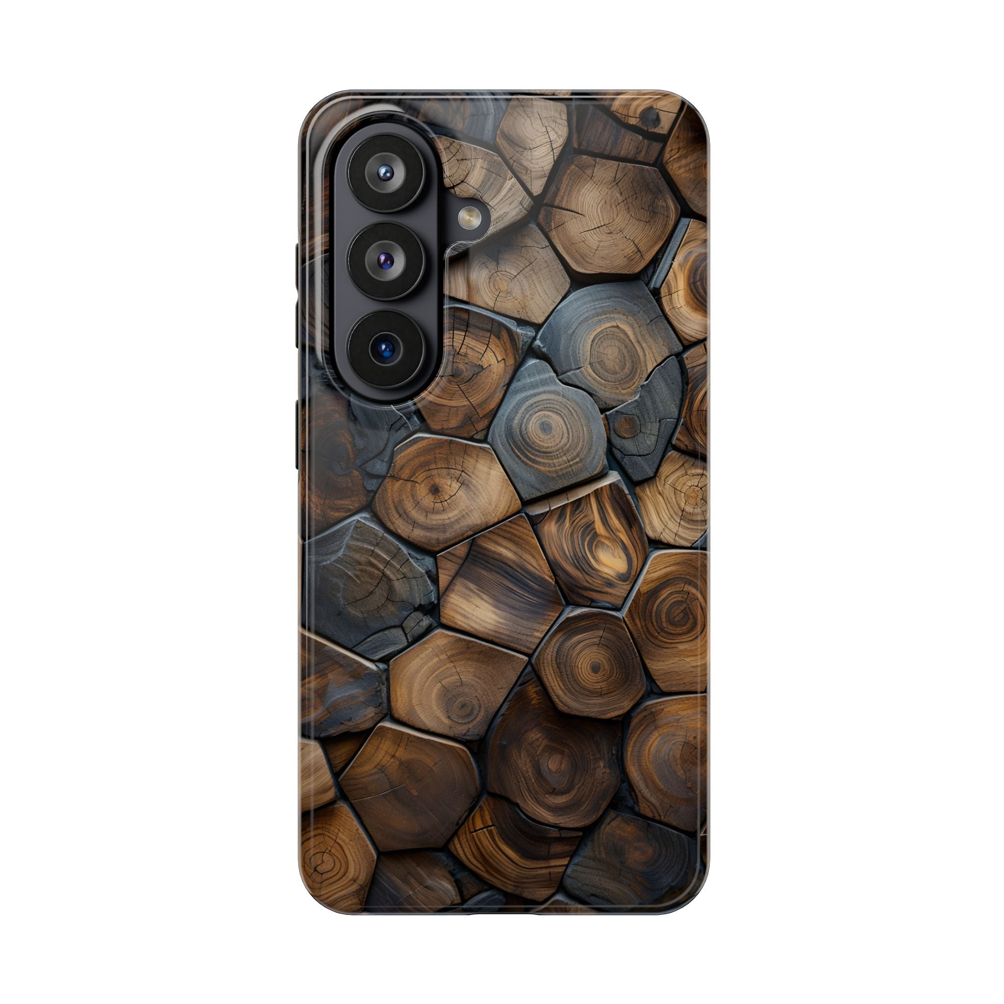 Woodgrain Hex Pattern Tough Phone Case — Rustic Log Cross-Section Design