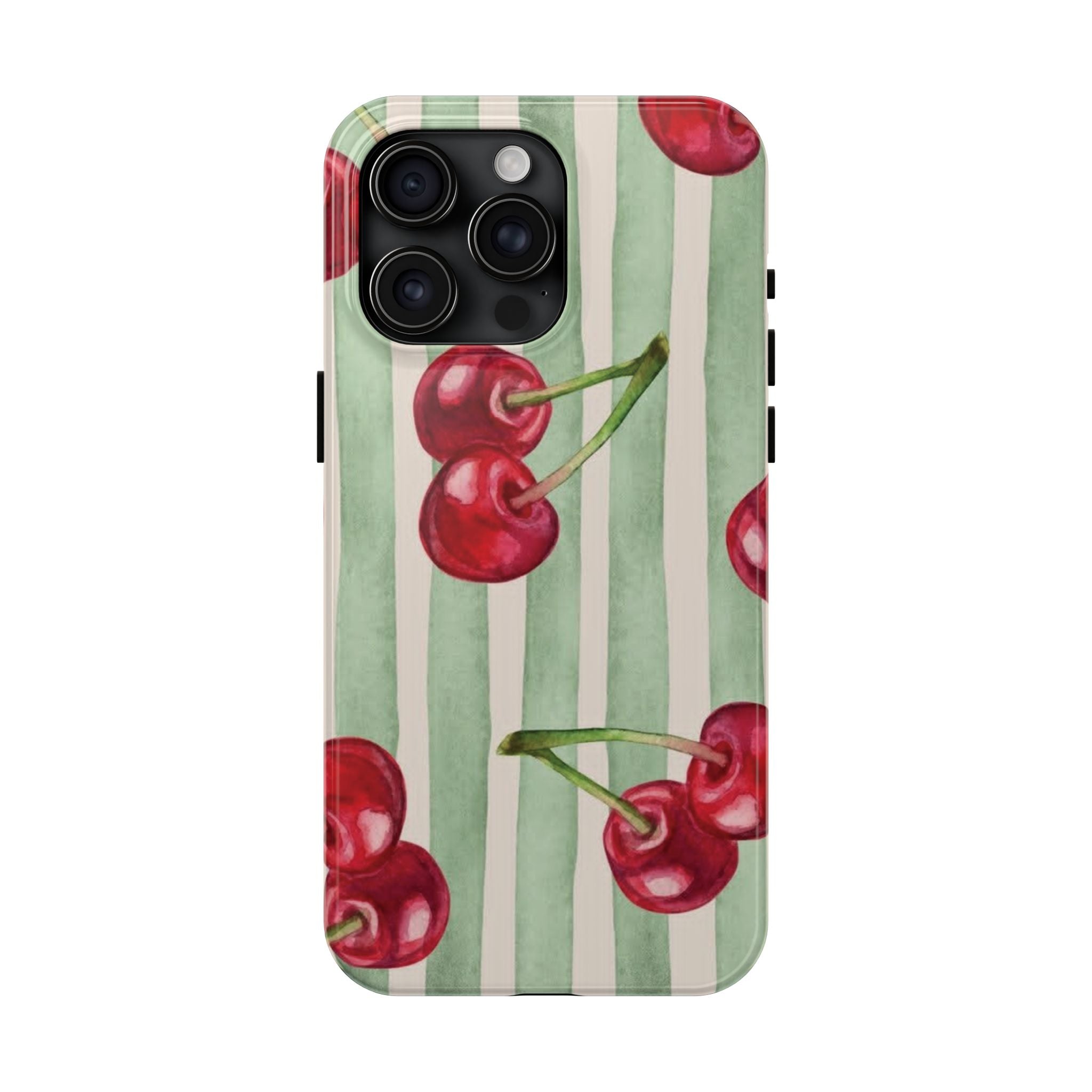 Cherry Stripe Tough Phone Case — Retro Watercolor Cherry Pattern Durable Phone Case