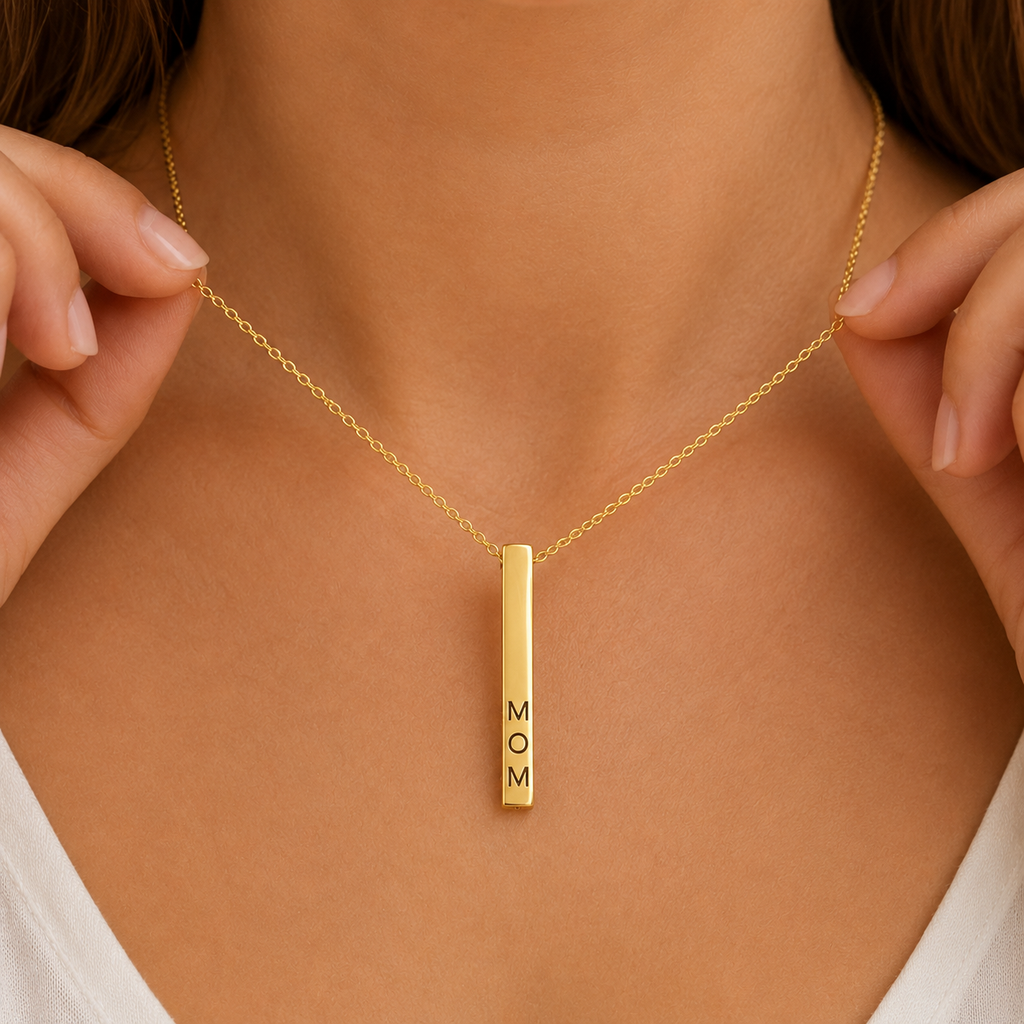 Vertical Name Bar Pendant — Custom Engraved Vertical Name Necklace (e.g., “Mom”)
