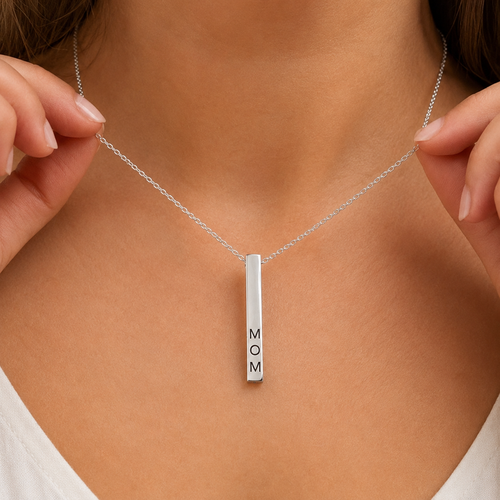 Vertical Name Bar Pendant — Custom Engraved Vertical Name Necklace (e.g., “Mom”)