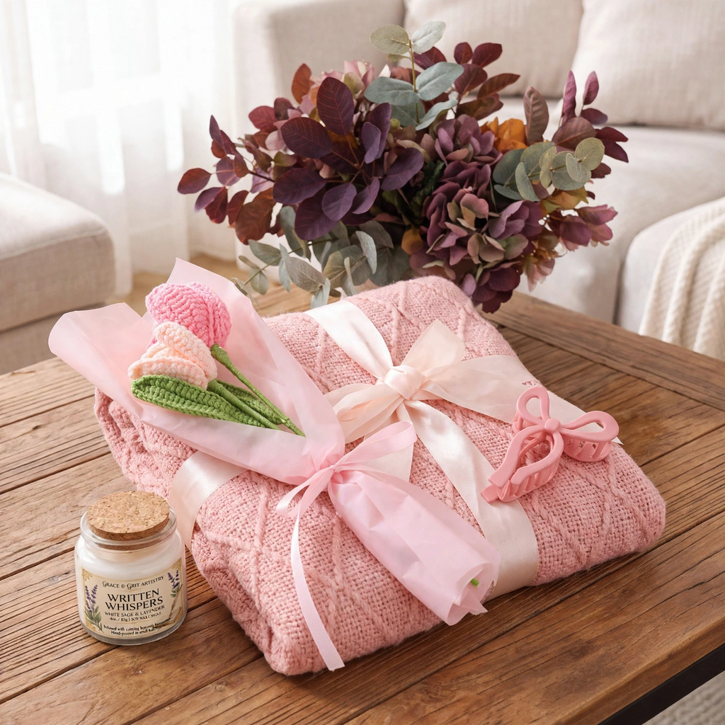 Reader Gift Set – Lavender & White Sage candle, blush blanket, crochet flowers, pink bow hair clip