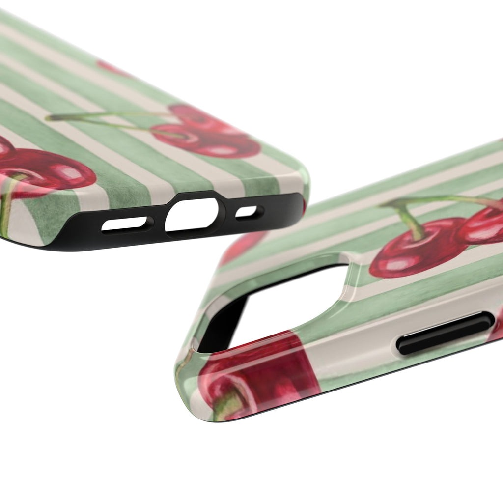 Cherry Stripe Tough Phone Case — Retro Watercolor Cherry Pattern Durable Phone Case