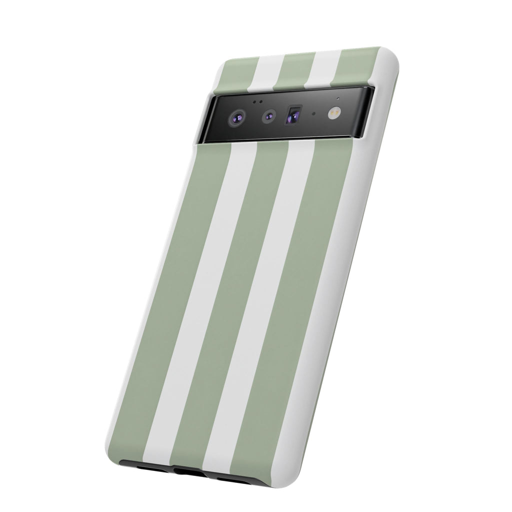 Striped Sage Tough Phone Case — Durable Green & White Vertical Stripe Phone Cover