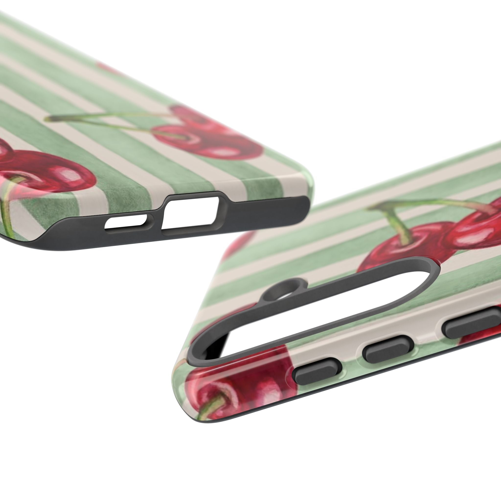 Cherry Stripe Phone Case – Retro Watercolor Cherries on Mint Stripes