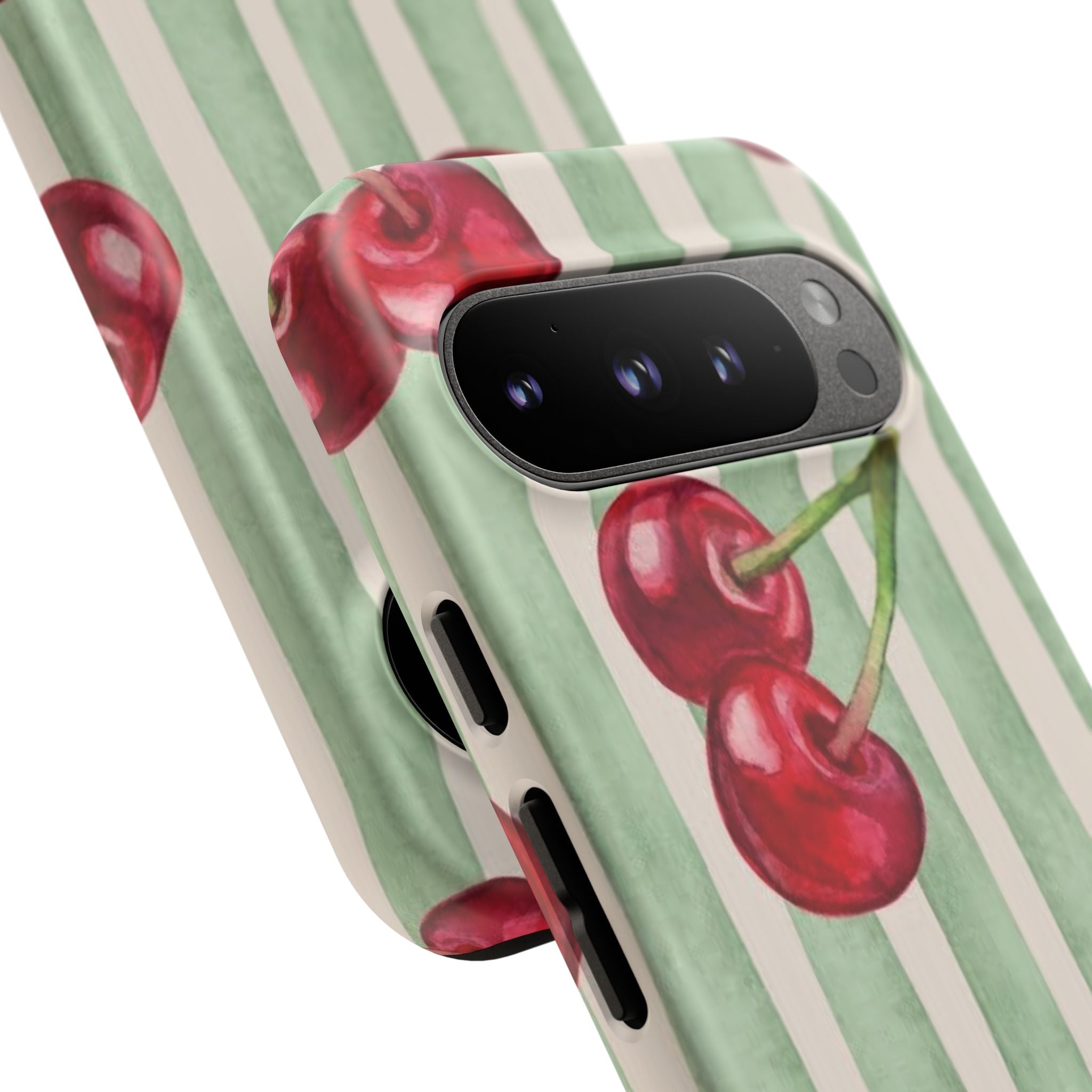 Cherry Stripe Phone Case – Retro Watercolor Cherries on Mint Stripes