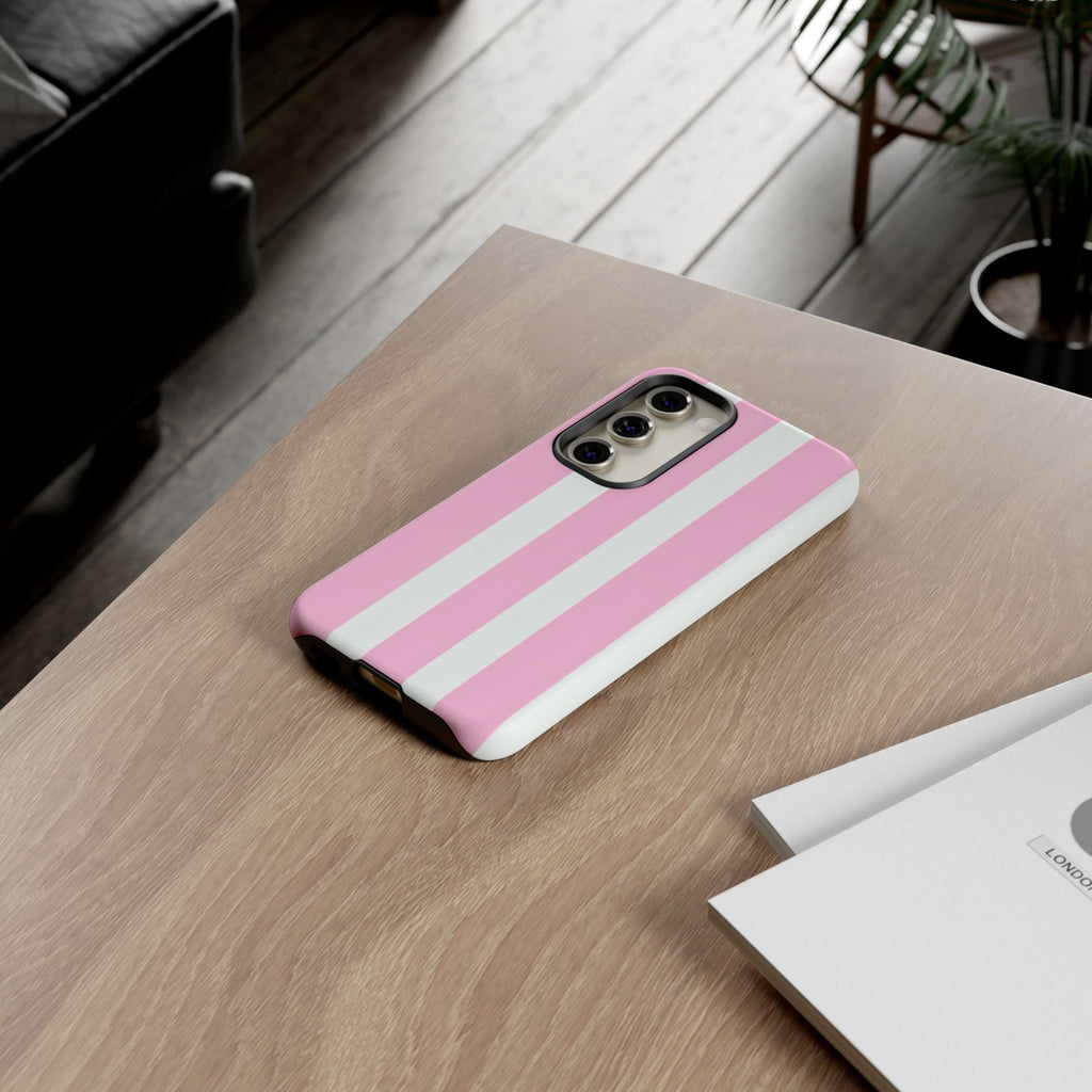 Pink & White Striped Tough Phone Case — Durable Protective Phone Cover