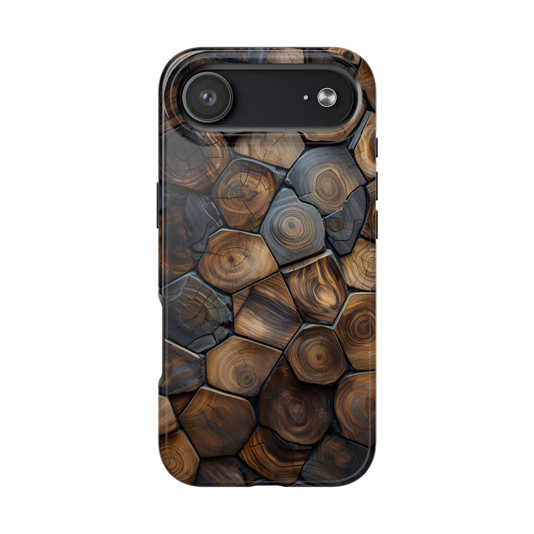 Woodgrain Hex Pattern Tough Phone Case — Rustic Log Cross-Section Design