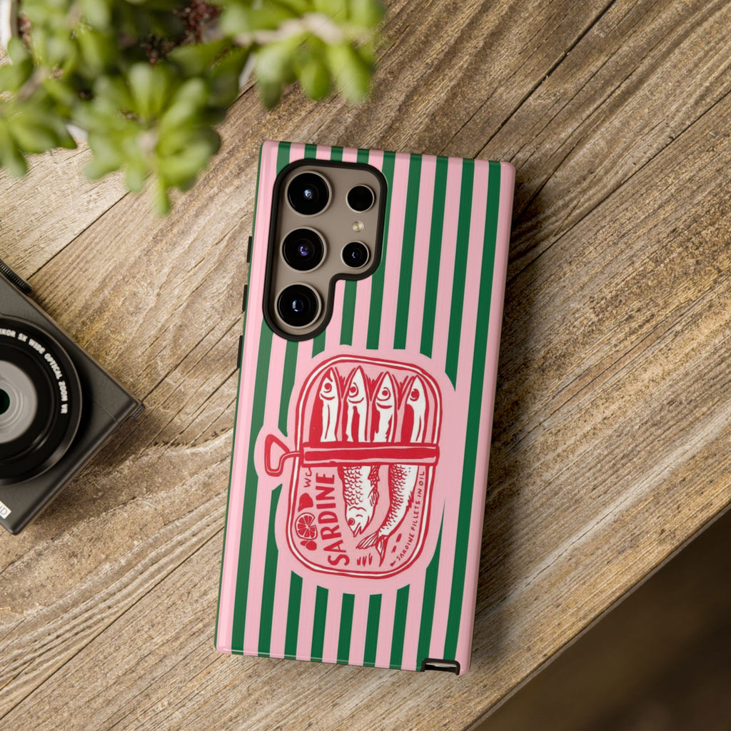 Sardine Stripe Phone Case — Retro Pink & Green Nautical Protection