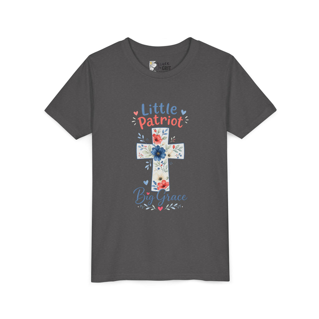 Little Patriot Big Grace Youth Tee — Floral Cross Christian Kids Shirt
