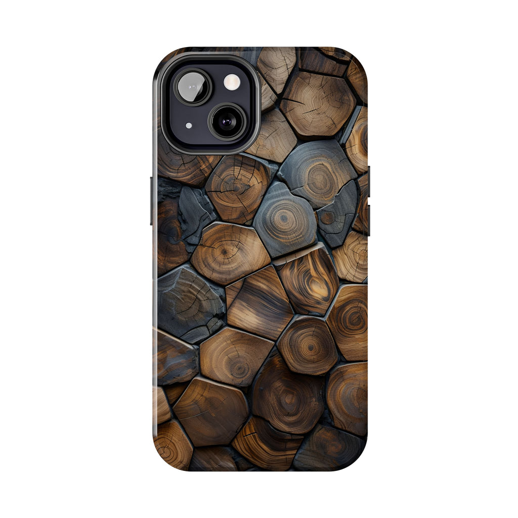 Woodgrain Hex Pattern Tough Phone Case — Rustic Log Cross-Section Design
