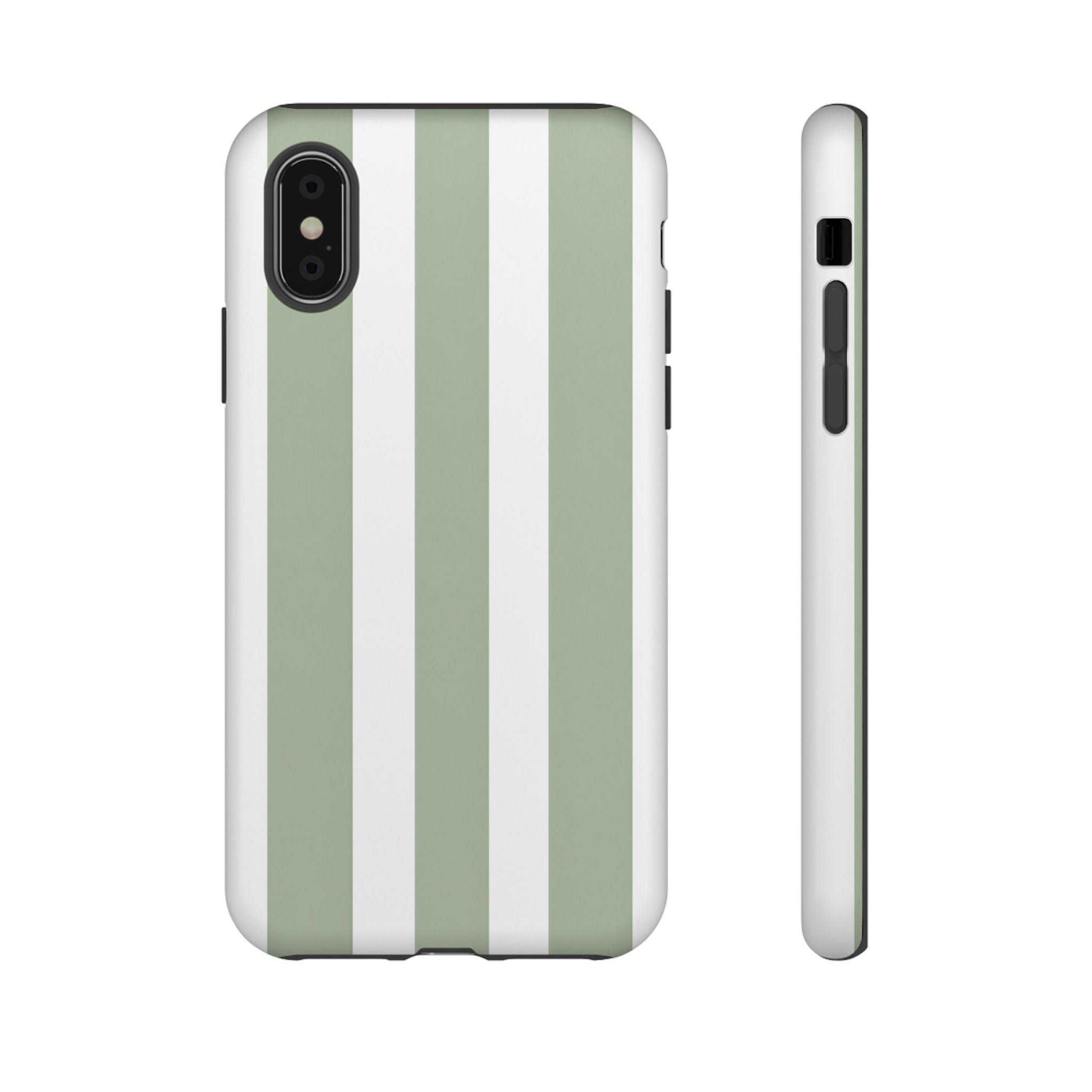 Striped Sage Tough Phone Case — Durable Green & White Vertical Stripe Phone Cover